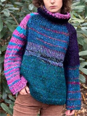 NAMAI Vishnu Hand-Knit Multicolor Turtleneck Sweater
- Teal, Purple & Pink